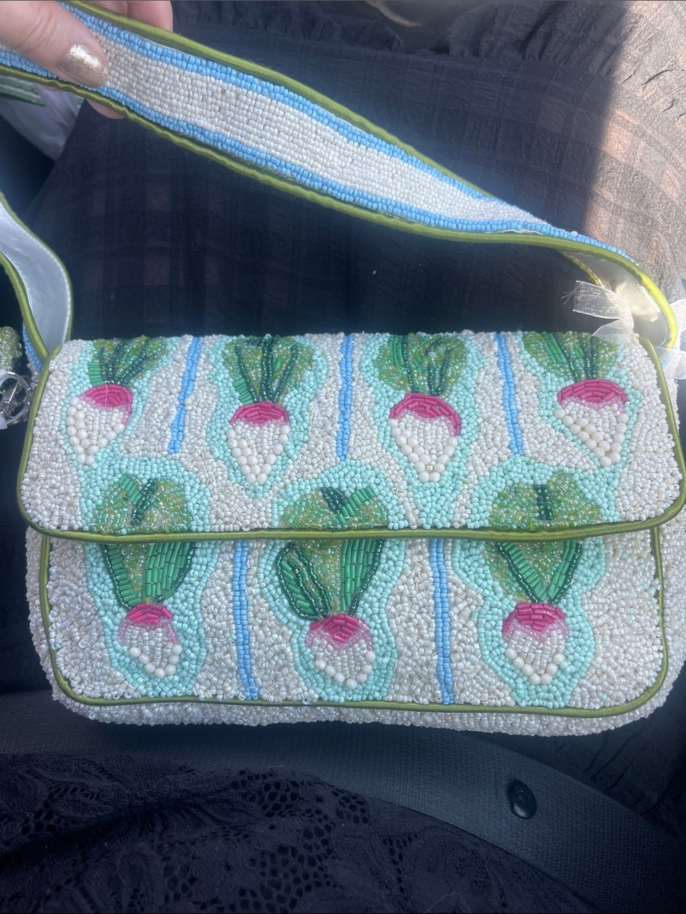 Beaded White & Green Turnip Shoulder Bag with Pink Accents
